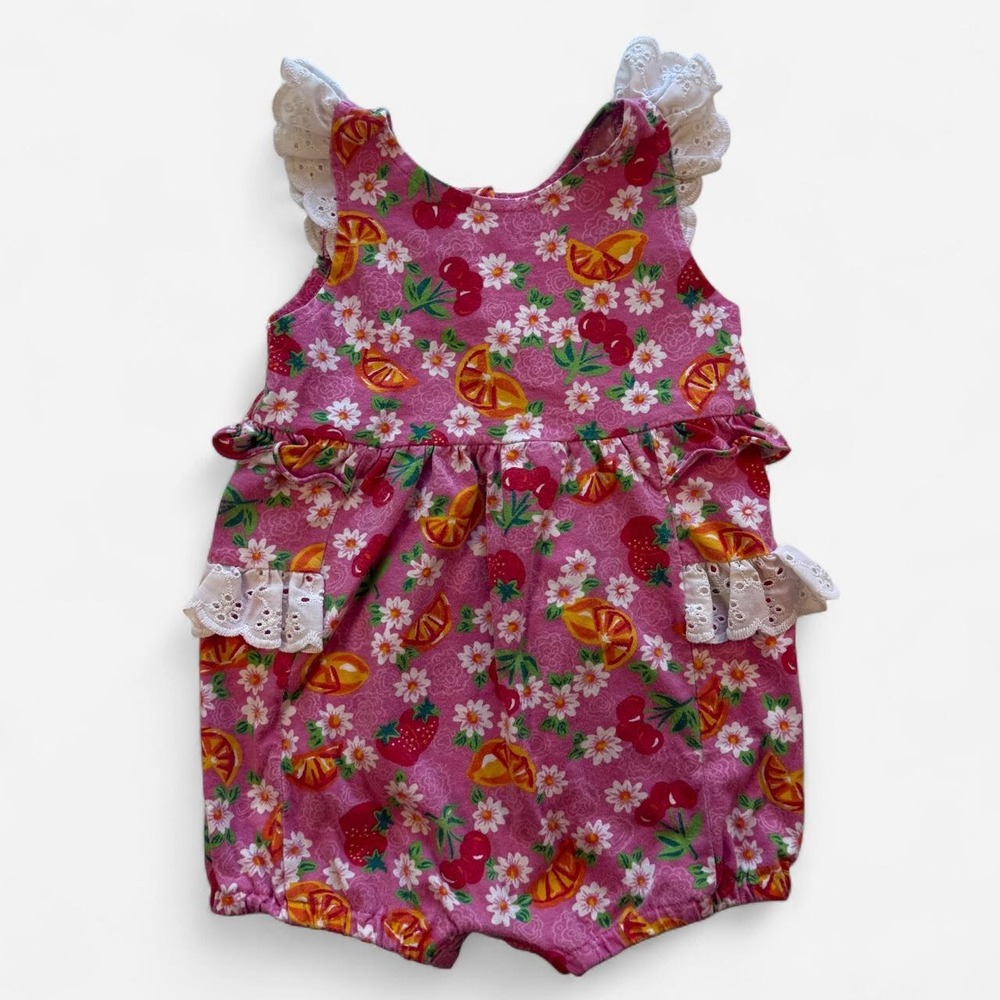 Vintage Jet Set Pink Fruit Print Baby Bubble Romper 18M Strawberry Cherry Daisy